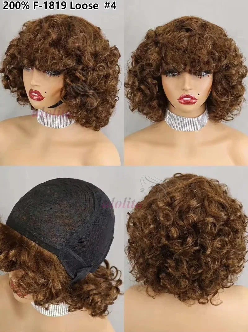 Burgundy Human Hair Wigs Bangs Afro Kinky Curly