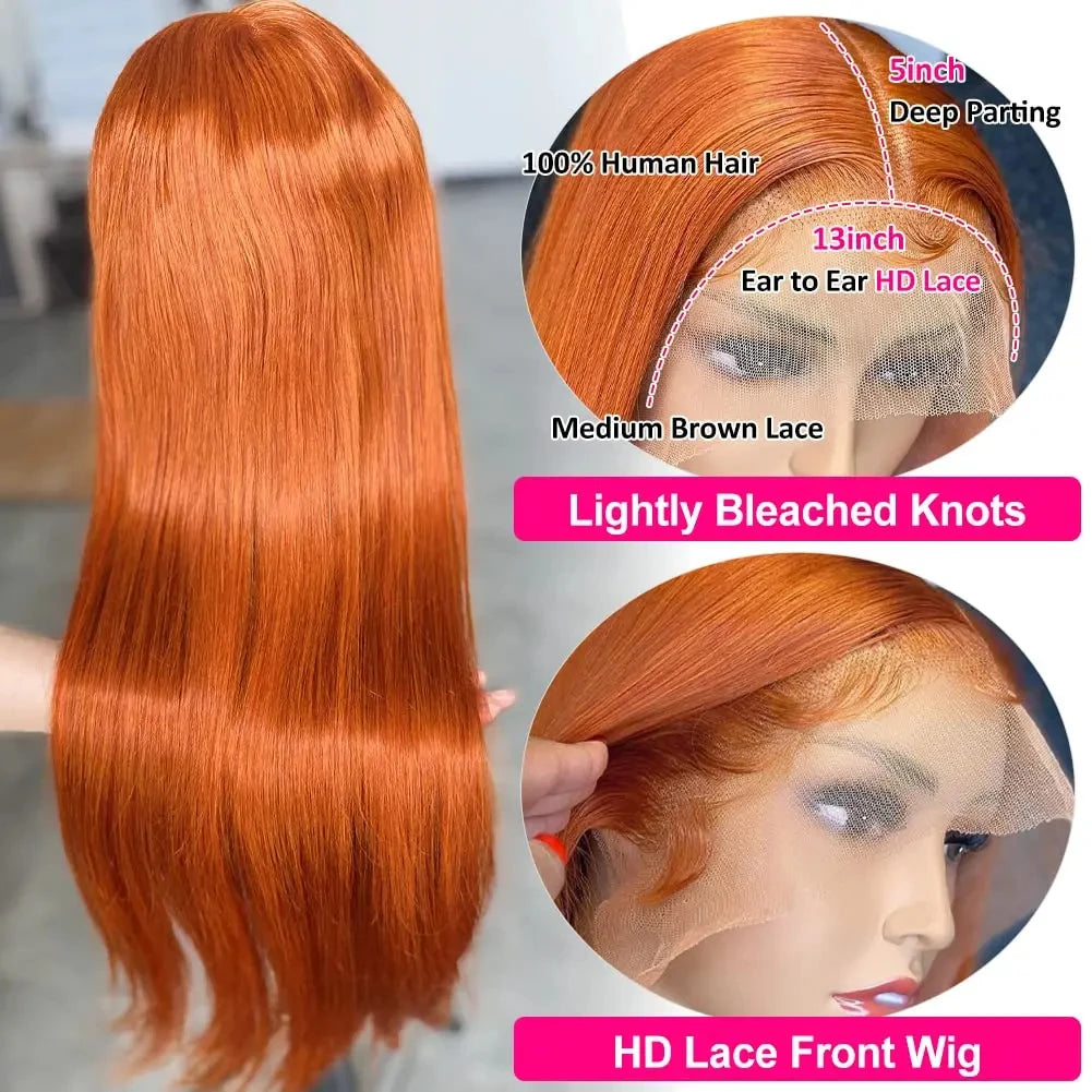 250% Ginger Orange 13x4Wigs Human Hair Bone Straight