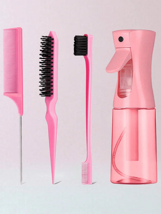 4Pcs Slick Back Hair Brush Set with Spray Bottle, Edge Brush, Rat Tail Comb & Teasing Brush, Hair Styling Tools for Smoothing Ba