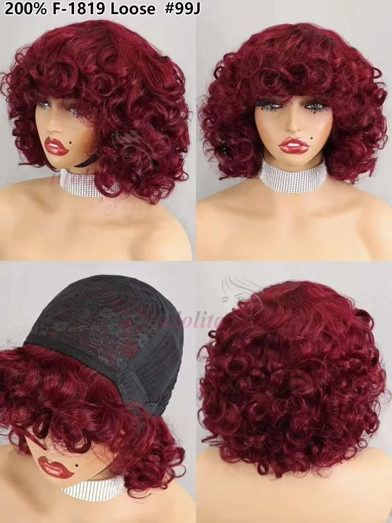Burgundy Human Hair Wigs Bangs Afro Kinky Curly