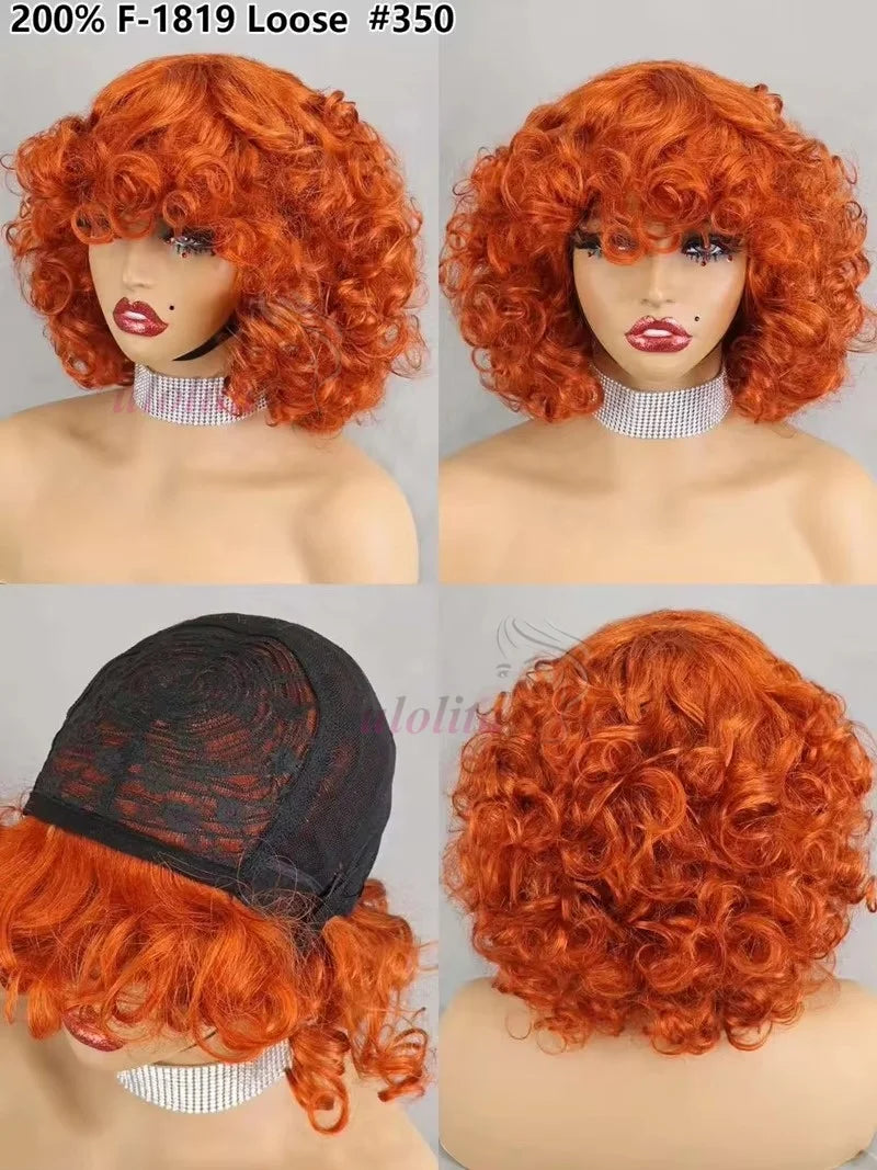 Burgundy Human Hair Wigs Bangs Afro Kinky Curly