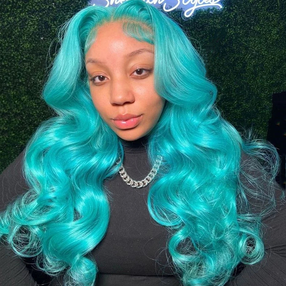 Teal Ocean Blue Lace Front Wig Human