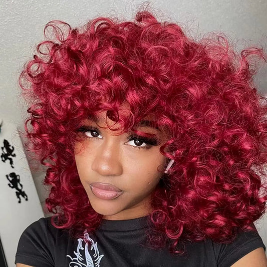 Burgundy Human Hair Wigs Bangs Afro Kinky Curly