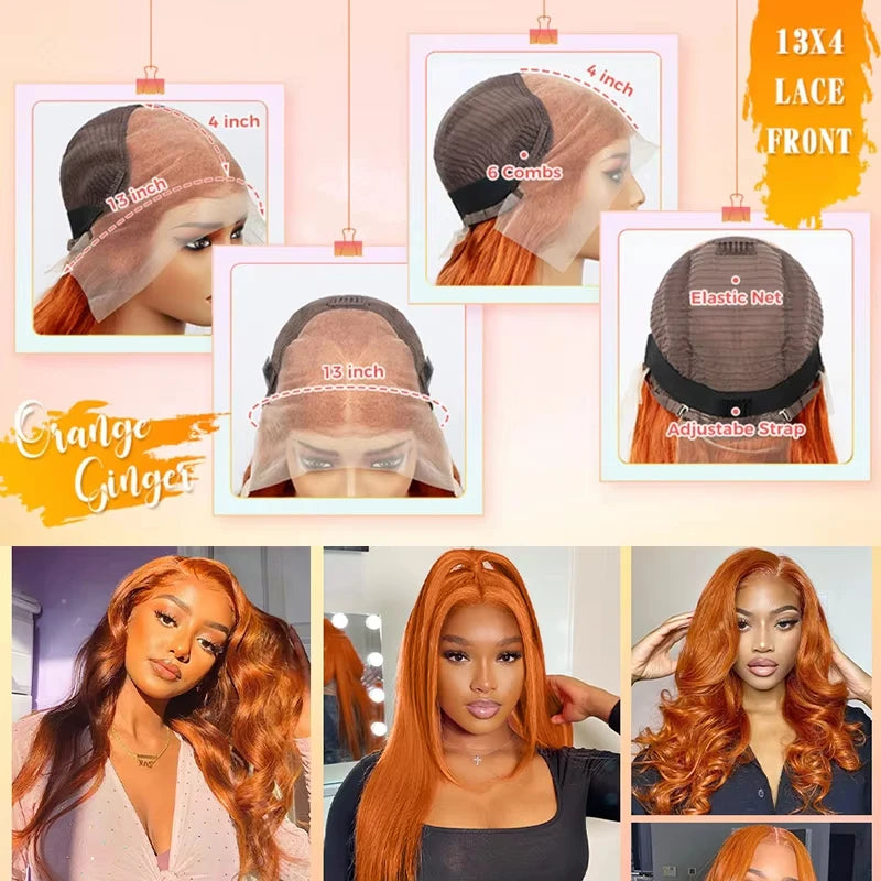 250% Ginger Orange 13x4Wigs Human Hair Bone Straight