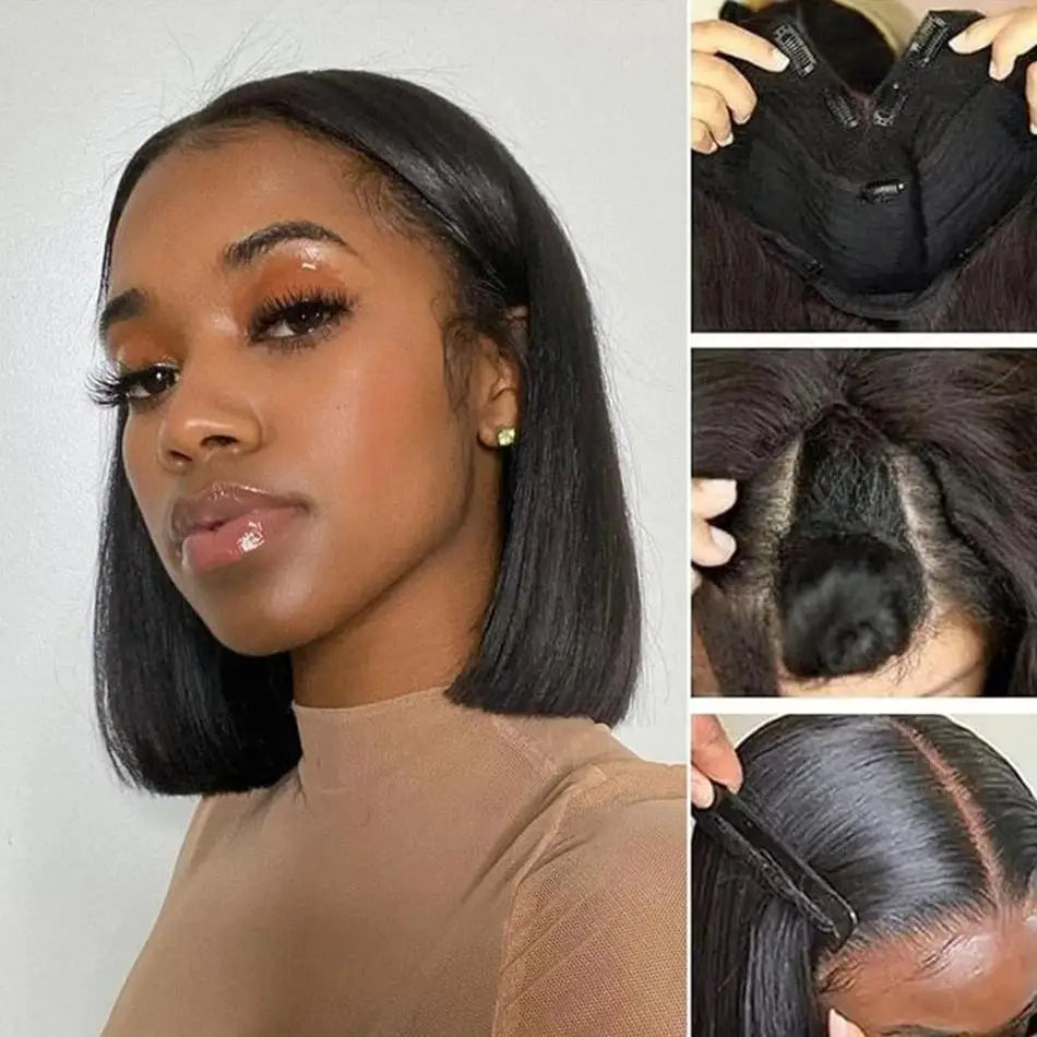 Bone Straight Short Bob V Part Wigs